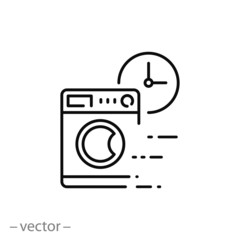 quick wash icon, washing machine, washer with clock, fast time, thin line web symbol on white background - editable stroke vector illustration eps10
