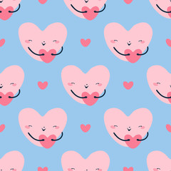 Seamless pattern with cute pink hearts for Valentine's day in a flat style on a blue background. Illustration for fabric design, packaging paper, textile. Vector