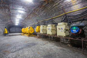 Salt kali mine ore shaft tunnel drift with electrical transformer underground