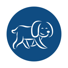 Blue round logo of the veterinary clinic with a cute spaniel dog. Doodle sketch with white lines. Vector illustration about pets.