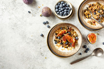 Homemade granola with yogurt and blueberry. Healthy Breakfast. - obrazy, fototapety, plakaty