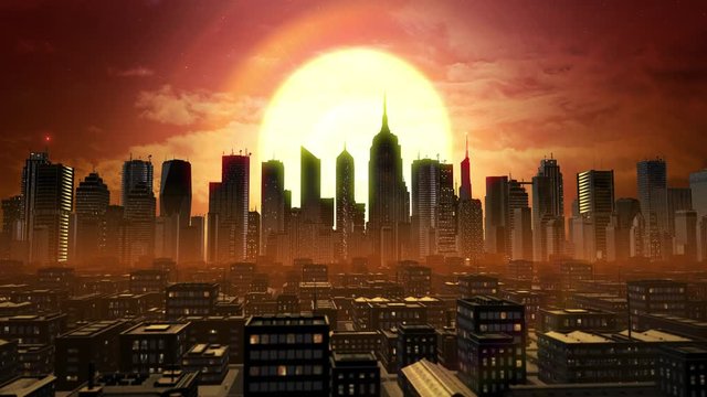 Digital City Sunset Aerial Graphic, This animated city was created in Adobe After Effects and is perfect for any project. This shot is available in day time, sunset, and night time.
