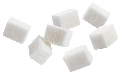 Flying sugar cubes, isolated on white background - obrazy, fototapety, plakaty