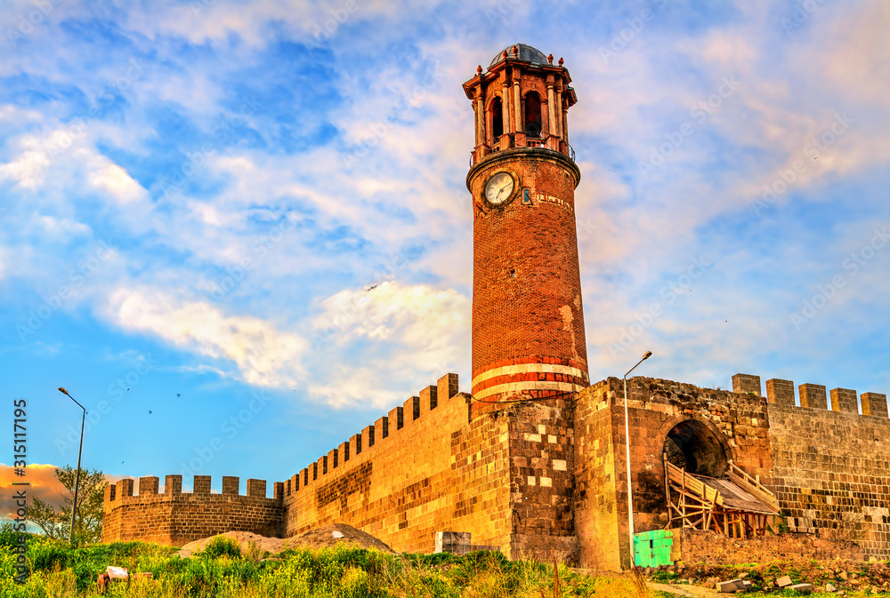 Wall mural Clock tower of Erzurum Castle in Turkey