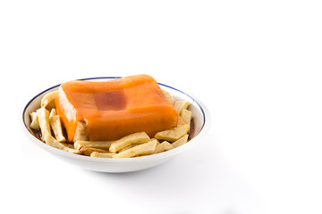 Typical Portuguese francesinha sandwich with french fries isolated on white background. Copy space	