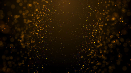 gold particles abstract background with shining golden floor particle stars dust.Beautiful futuristic glittering in space on black background.