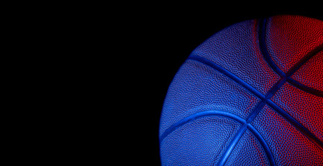 Closeup detail of basketball ball texture background. Blue neon banner art concept. Minimalism, place for text