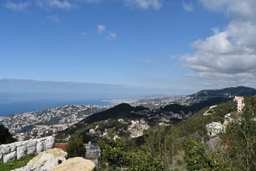 Fototapeta na wymiar Panoramic landscape in Keserwan, Lebanon, with a view on Jounieh and Tabarja and the sea, Lebanon