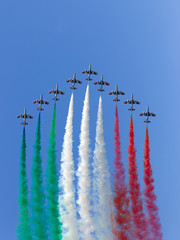 Italian Air Force aerobatic demonstration team Frecce Tricolori flying display during air show...
