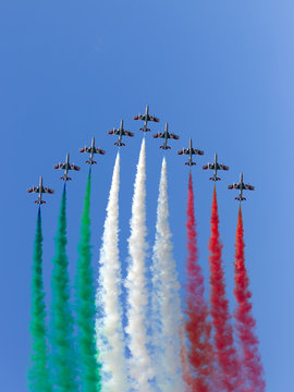 Italian Air Force aerobatic demonstration team Frecce Tricolori flying display during air show Falcon Wings 2019 at Siauliai Air Base