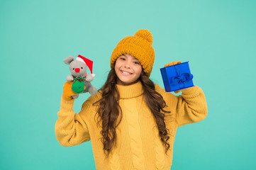 Best wishes. Buy gifts. Kindergarten and school. Toys shop concept. Girl sincere emotional child...
