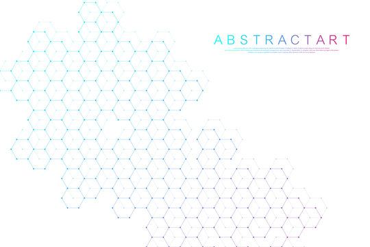 Abstract hexagonal boxes background. Molecular structure with hexagons lines and dots. Medical banner template design. Science and technology concept. Vector illustration