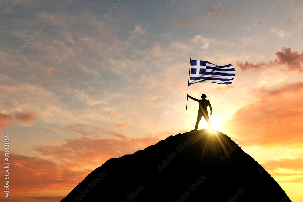 Wall mural greek flag being waved at the top of a mountain summit. 3d rendering