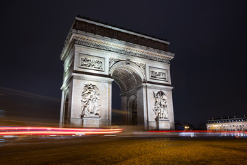 Fototapeta na wymiar long exposure night view Paris, France, arc de triomphe, champs élysées landmark famous place