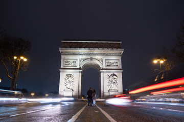 long exposure night view Paris, France, arc de triomphe, champs élysées landmark famous place