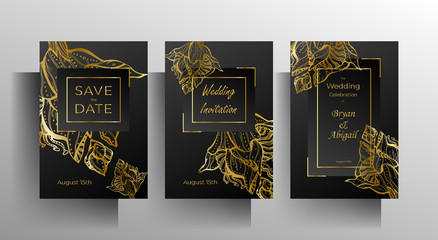Design wedding invitation template set. Floral golden hand-drawn ornament on a black background. Vector 10 EPS.