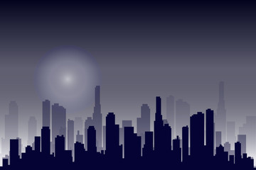 Flat cityscape. Vector illustration. Modern City Skyline, Daytime Panoramic Urban Landscape with Silhouette Buildings and Skyscraper Towers in moon light