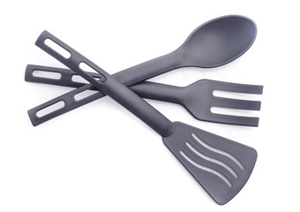 black kitchen utensil collection, isolated on white background