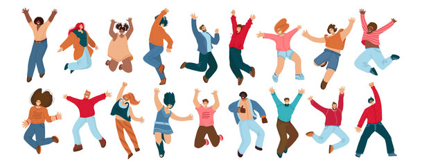 Fototapeta na wymiar Group of happy people jumping on a white background. Young joyful jumping and dancing multiracial people with raised hands. Happiness, freedom, motion and motivational concept