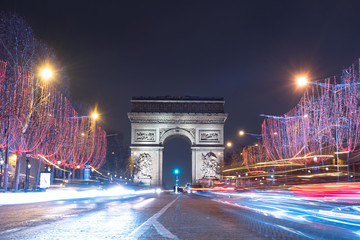 long exposure night view Paris, France, arc de triomphe, champs élysées landmark famous place