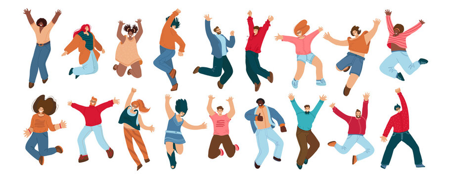 Group of happy people jumping on a white background. Young joyful jumping and dancing multiracial people with raised hands. Happiness, freedom, motion and motivational concept