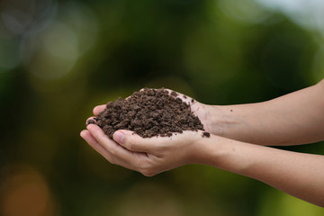 Handful of arable soil in hands of responsible farmer, close up, selective focus
