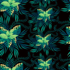 Naklejka na ściany i meble Seamless pattern of tropical green leaves with different shape flat vector illustration on dark background