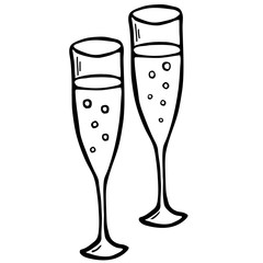 Glasses of champagne with bubbles. Hand-drawn illustration. Doodle