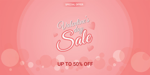 Valentine's day sale poster on pink background with transparent circles decoration. Vector.