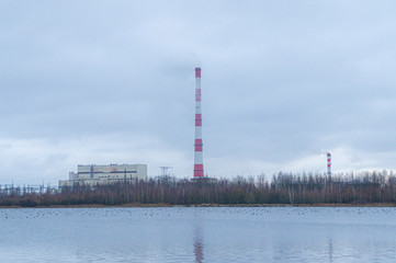 Fototapeta na wymiar Red-white factory chimney near a winter lake.