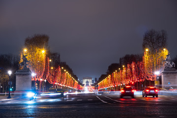 Fototapeta na wymiar long exposure night view of Paris, France, champs élysées famous landmark place with arc de triomphe