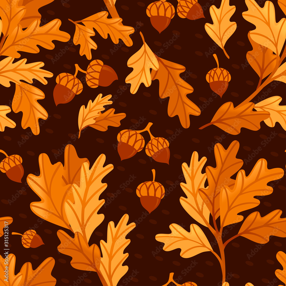 Canvas Prints seamless pattern various oak autumn leaves with acorn flat vector illustration on dark background
