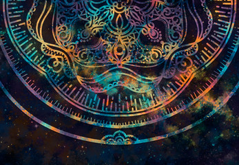Abstract mandala graphic design and watercolor digital art painting for ancient geometric concept background