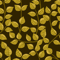 Seamless pattern of green autumn leaves on branches flat vector illustration on dark background