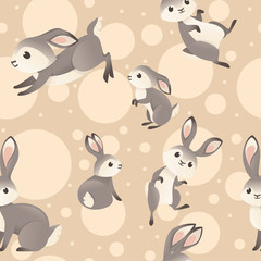 Seamless pattern of cute grey rabbit in various poses cartoon animal design flat vector illustration on beige background with circles