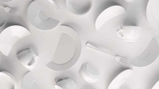 White Food background concept for design menu restaurant or cafe. Food flyer. Ceramic Plates and Dishes. White coffee mugs and saucers on a white background. 3d render
