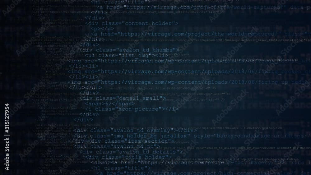 Wall mural web technologies concept. running website source codes on dark blue background.