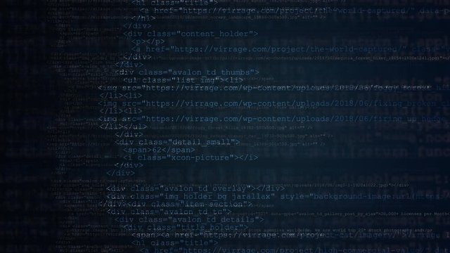 Web Technologies Concept. Running Website Source Codes on Dark Blue Background.