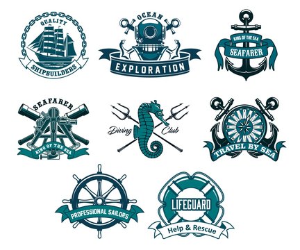Heraldic ship anchor and helm vector icons, captain spyglass and frigate sailboat, aqualung and lifeguard buoy, seahorse and trident. Diving club, sea and ocean exploration adventure nautical icons