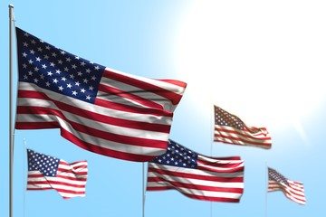Fototapeta premium cute anthem day flag 3d illustration. - 5 flags of Belgium are wave against blue sky image with bokeh