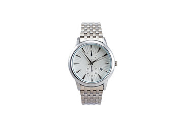 Men's silver colored, classic round shape, numberless wrist watch with metal strap, white clock...