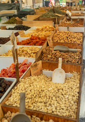 Various spices and food in a Sicilian street market. Ortigia, Siracusa.