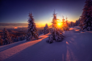 Wonderful winter sunset in the mountains