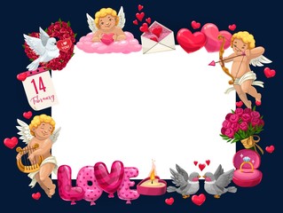 Valentines day wish and greeting vector frame of hearts, cupid angles and roses flowers. Valentines holiday love balloons, wedding ring and envelope letter with love hearts message