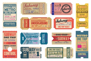 Underground vintage tickets vector templates, subway train and electric railways. Underground transportation retro pass cards or trip coupons with cut lines. Isolated on white