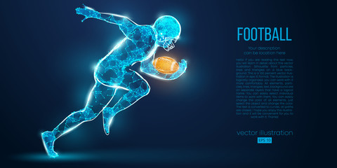Abstract football player from particles, lines and triangles on blue background. Rugby. American footballer. All elements on a separate layers, color can be changed to any other in one click. Vector © matrosovv