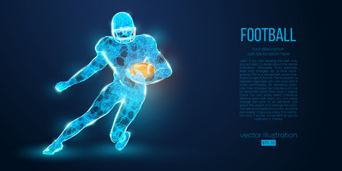 Abstract football player from particles, lines and triangles on blue background. Rugby. American footballer. All elements on a separate layers, color can be changed to any other in one click. Vector © matrosovv