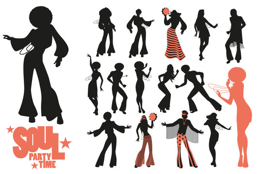 Soul dance clipart collection. Set of soul, funk or disco dancers isolated on white background..