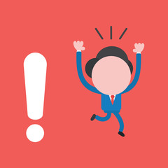 Obraz premium Vector illustration of businessman character running away from exclamation mark on red background.