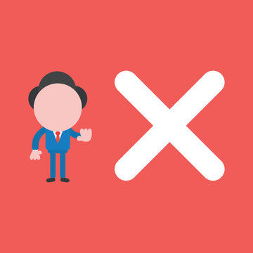 Vector illustration of businessman character with x mark and hand stop sign on red background.